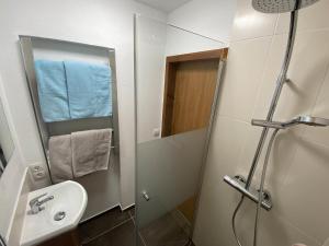 une petite salle de bain avec un lavabo et une douche dans l'établissement Ferienwohnung Willi, à Schruns