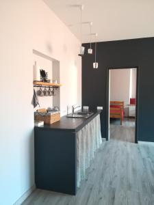 a kitchen with a black counter and a sink at Kuldiga Kalna Apartment in Kuldīga