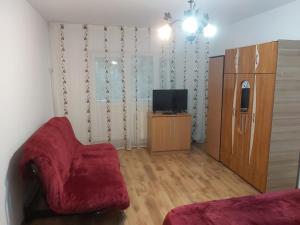 a living room with a red chair and a television at Apartament Nemira in Slănic-Moldova
