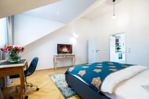 um quarto com uma cama, uma secretária e uma lareira em Smile Apartments Bahnzeile em Krems an der Donau