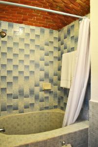 uma casa de banho com chuveiro e cortina de chuveiro em Casa Geranios Tequisquiapan em Tequisquiapan
