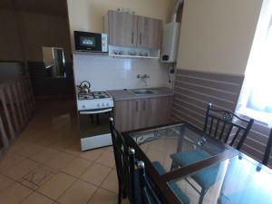a small kitchen with a stove and a sink at Dami Apartman in Hajdúszoboszló