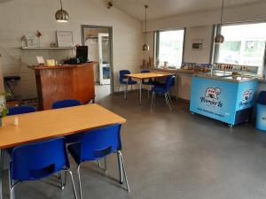 ein Klassenzimmer mit Tischen, blauen Stühlen und einer Theke in der Unterkunft Rejkjær Camping Hytter & Lejligheder in Ulfborg
