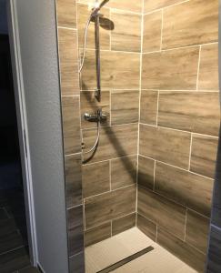 a shower with a glass door in a bathroom at Haselnuss in Nahrendorf +9 photos