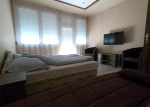 a bedroom with a bed and a tv and window at Dami Apartman in Hajdúszoboszló