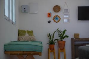 a living room with a chair and plants and a tv at Casa duplex beira mar reformada com piscina no Peito Moça in Luis Correia