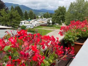 un montón de flores rojas en un balcón con casas en Wertacher Hof, en Oy-Mittelberg