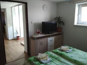 Una habitación con TV y una cama en una habitación en J&K Štrba en Poprad