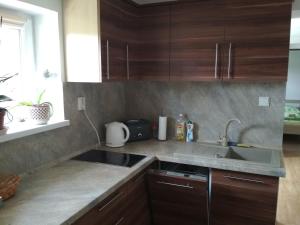 a kitchen with wooden cabinets and a sink at J&K Štrba in Poprad