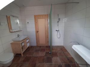y baño con ducha, aseo y lavamanos. en Rooms & Wine Lilek, en Šentilj