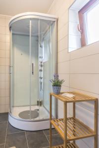 a shower with a glass door in a bathroom at Cozy House Ania in Plitvička Jezera