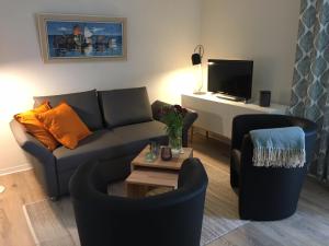 ein Wohnzimmer mit einem Sofa, Stühlen und einem TV in der Unterkunft Zu Gast im Wohnpark Erlabrunn in Erlabrunn