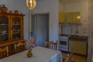 eine Küche mit einem Tisch und einer Blumenvase darauf in der Unterkunft Apartment Jure in Senj