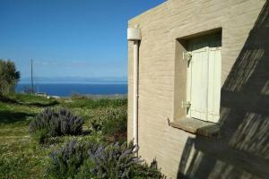 a building with a white door and a window at Cottage amidst vines and Oak Trees in Ioulis