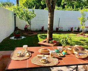 - une table de pique-nique avec de la nourriture dans une arrière-cour dans l'établissement La Casa delle Ortensie Guest House, à Scilla