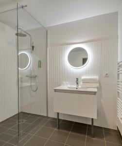 a bathroom with a sink and a shower at Hôtel Lac d'Orient in Mesnil-Saint-Père