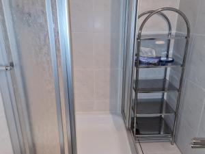 ハーネンクレー・ボックスヴィーゼにあるFerienwohnung Tannenblick Hahnenklee im Harzのシャワー(ガラスドア、棚付) +29枚の写真