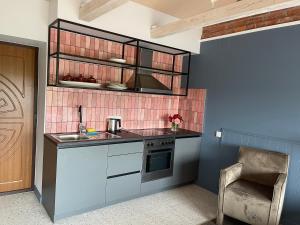 a kitchen with a sink and a stove at Duarto house, Sauna and Hot Tub in Šiaudinė