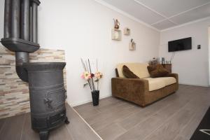 a living room with a wood stove and a couch at Village house Borozan in Cetinje