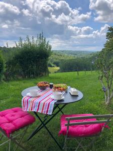 - une table de pique-nique avec une assiette de nourriture et 2 chaises dans l'établissement Chambre d'hôtes La grange, à Chalagnac