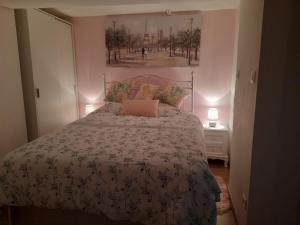 een slaapkamer met een bed en een schilderij aan de muur bij LES SOURCES GITE in Sainte-Marie-Outre-lʼEau