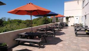 a row of tables and umbrellas on a patio at The Anchor Inn in Hartland
