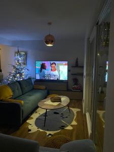 a living room with a couch and a christmas tree at Kuća za odmor Evolo in Skrad