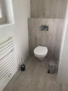 łazienka z toaletą i koszem na śmieci w obiekcie Domek u Koncola w mieście Szczawnica
