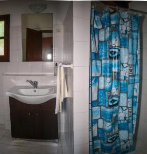 a bathroom with a sink and a shower curtain at Casas Tipicas Candelaria Tabua in Ponta do Sol