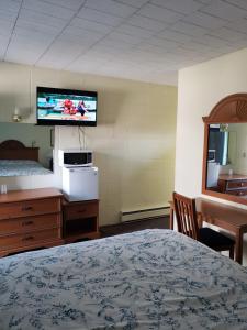 1 dormitorio con 1 cama y TV de pantalla plana en Olympia Motel, en Niagara Falls