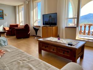 - un salon avec un canapé et une télévision dans l'établissement Syðstibær Guesthouse, à Hrísey