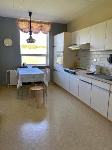 Syðstibær Guesthouse في Hrísey: مطبخ مع طاولة وطاولة ونافذة