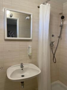 y baño con lavabo y ducha con espejo. en Villa Darina, en Portorož