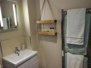 a bathroom with a sink and a shower with a mirror at Farm accommodation - The Lizard Peninsula, Cornwall in Helston