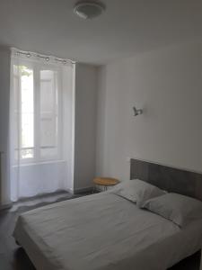 a white bedroom with a bed and a window at Appartement PAP2S in Millau