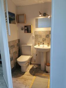 La salle de bains est pourvue de toilettes et d'un lavabo. dans l'établissement La Chambre de La Pomerie, à Chiché