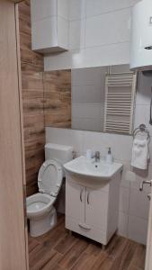 uma casa de banho branca com um WC e um lavatório em Apartmani Abbazia em Banja Luka