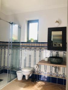 uma casa de banho com um WC e um espelho. em Apartmánový dom Andalusia em Veľký Meder