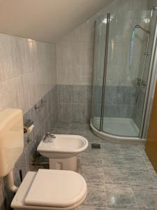y baño con aseo, ducha y lavamanos. en Wine House, Zidanica Gruden en Novo Mesto
