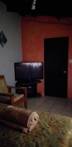 a living room with a flat screen tv and a couch at Portal de los Farolitos in Concepción de Ataco