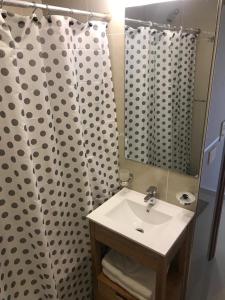 a bathroom with a sink and a shower curtain at Penguins Flats 4 in Ushuaia