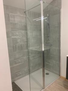 une douche avec une porte vitrée dans une salle de bain dans l'établissement L’Estable du Pin, à Le Pin