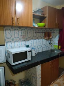 een keuken met een magnetron op een aanrecht bij Alken Homes - One Bedroom, Naivasha in Naivasha