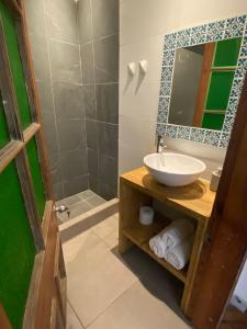een badkamer met een wastafel, een spiegel en een douche bij Casa Urriola B&B in Valparaíso