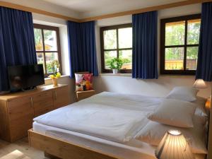 sypialnia z dużym łóżkiem z niebieskimi zasłonami w obiekcie Appartement Schwab Ski in & Out w Schladming