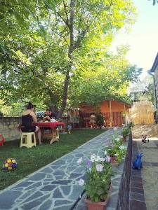 deux personnes assises à une table sous un arbre dans l'établissement Guest house Nataly, à Yeghegnadzor