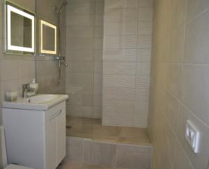 La salle de bains est pourvue de toilettes, d'un lavabo et d'une douche. dans l'établissement apart-hotel Sky, à Youjne