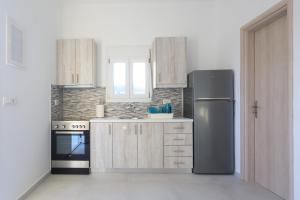 a kitchen with a refrigerator and a stove at Palm Studios in Perissa