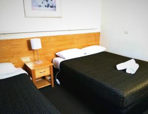 Habitación de hotel con 2 camas y mesa con lámpara en City Park Motel and Apartments, en Wagga Wagga