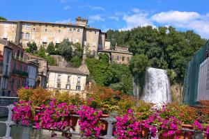 a bunch of flowers in front of a waterfall at LìRìcordi in Isola del Liri